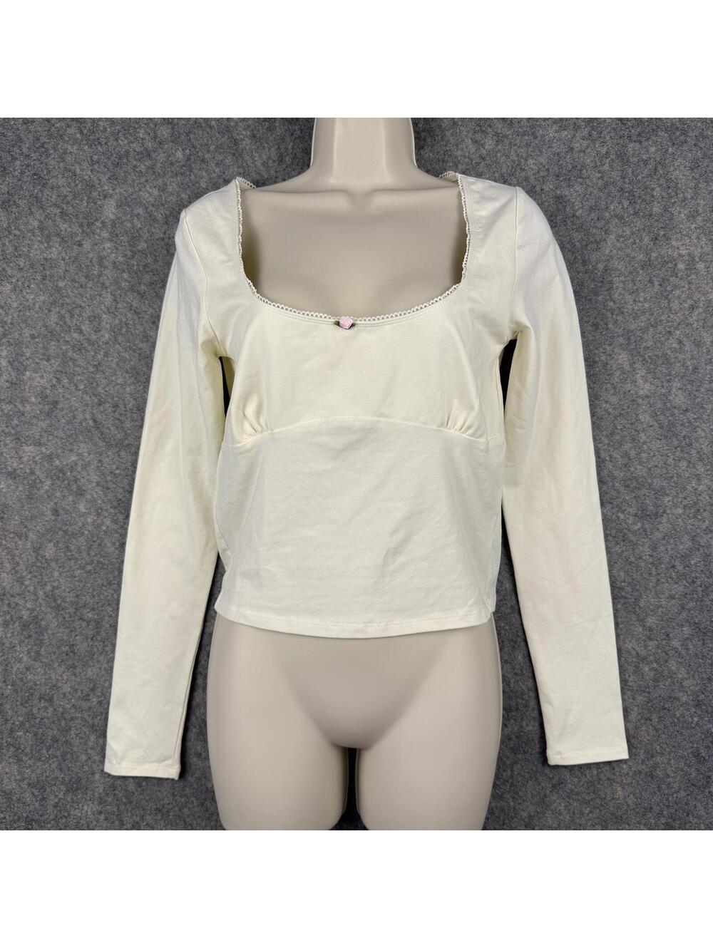 Baby Doll LS Top Cream Fitted Bodice Lace Medium Fairie Cottage Feminine NWT 433